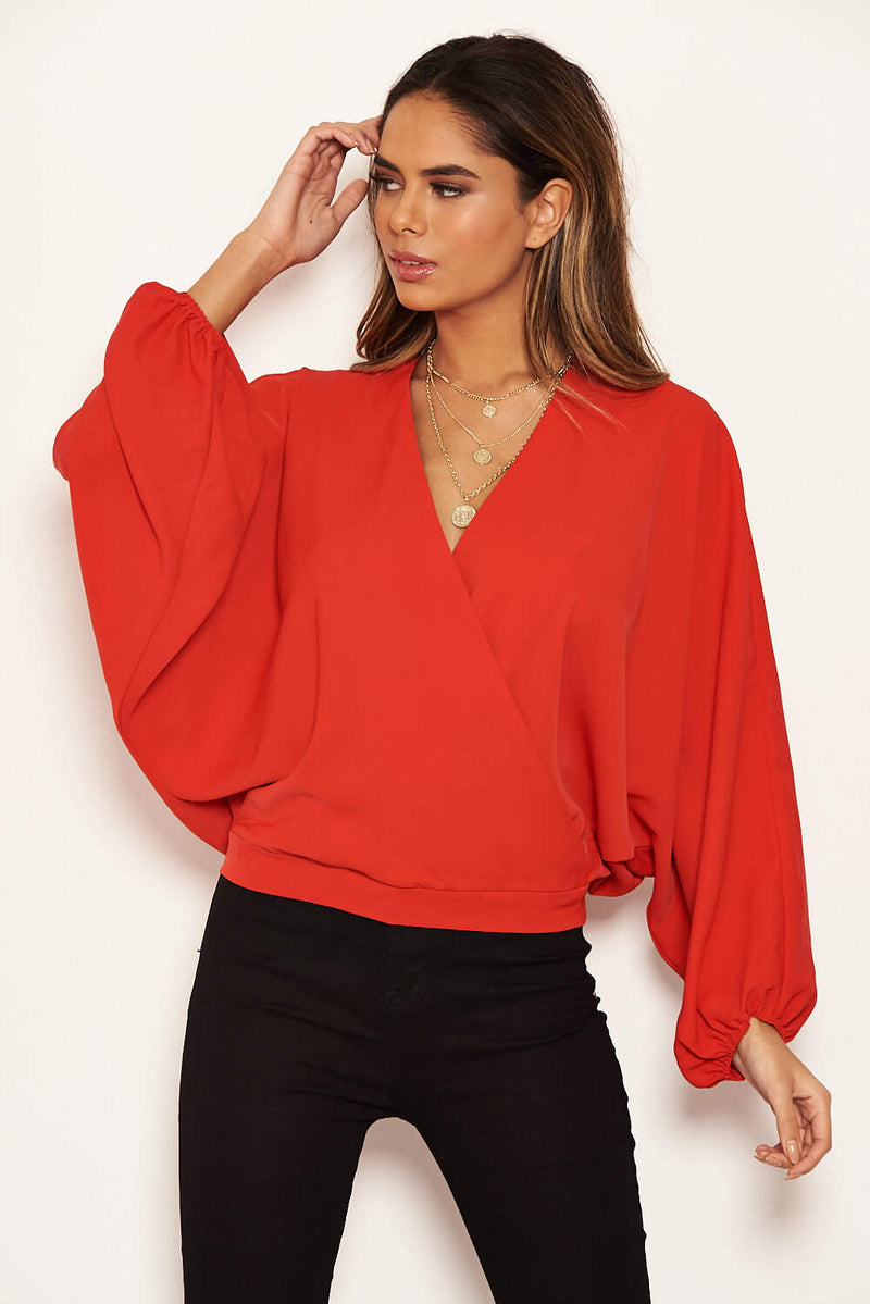 Red Wrap Batwing Sleeve Top