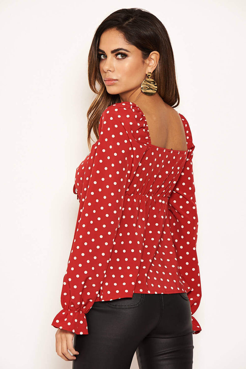 Red Polka Dot Milk Maid Neck Long Sleeve Top