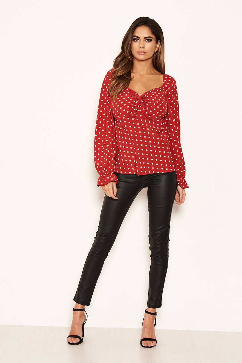 Red Polka Dot Milk Maid Neck Long Sleeve Top