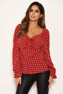 Red Polka Dot Milk Maid Neck Long Sleeve Top