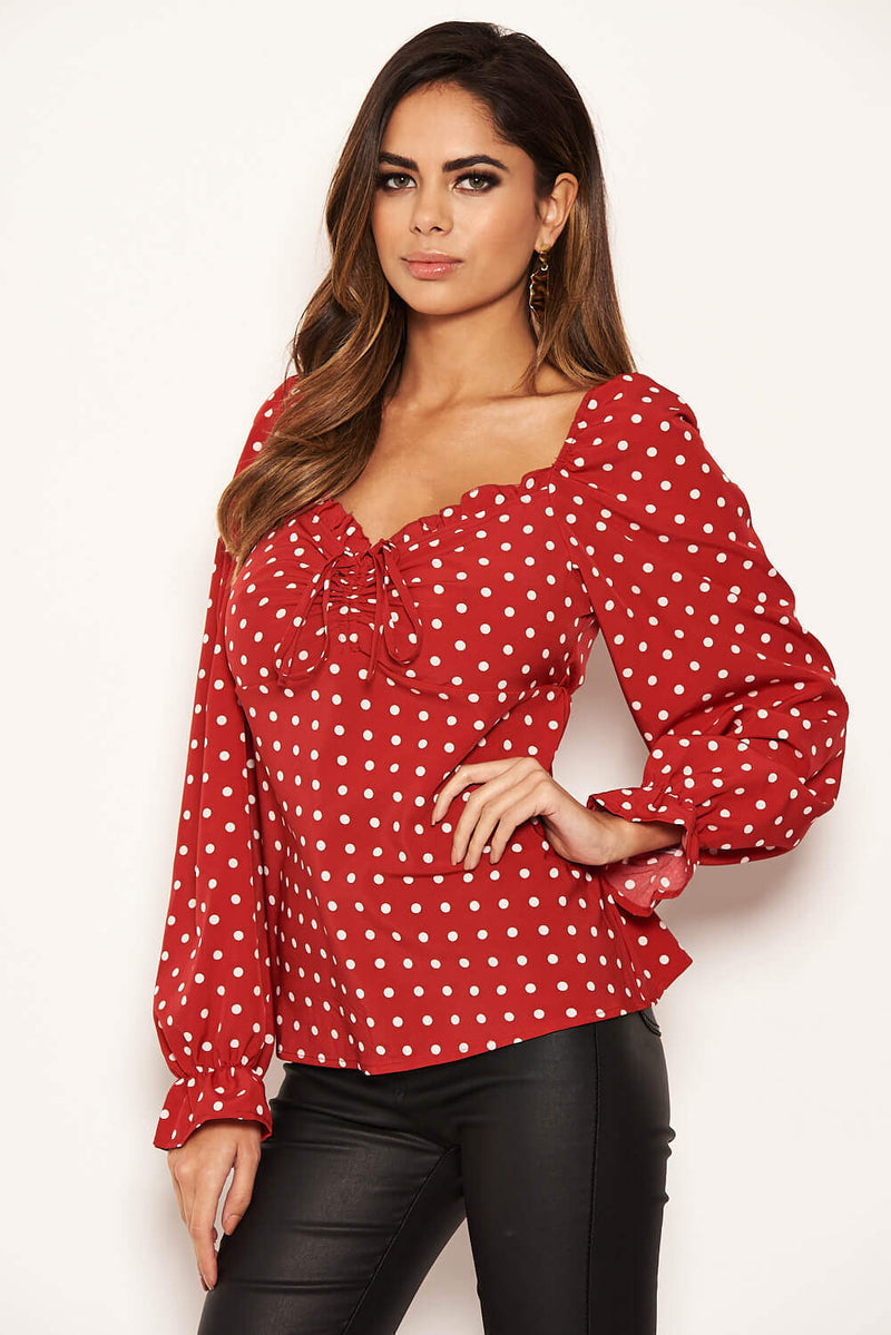 Red Polka Dot Milk Maid Neck Long Sleeve Top