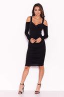 Black Slinky Ruched Cold Shoulder Dress