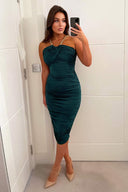Teal Ruched Midi Dress With Gold Chain Straps