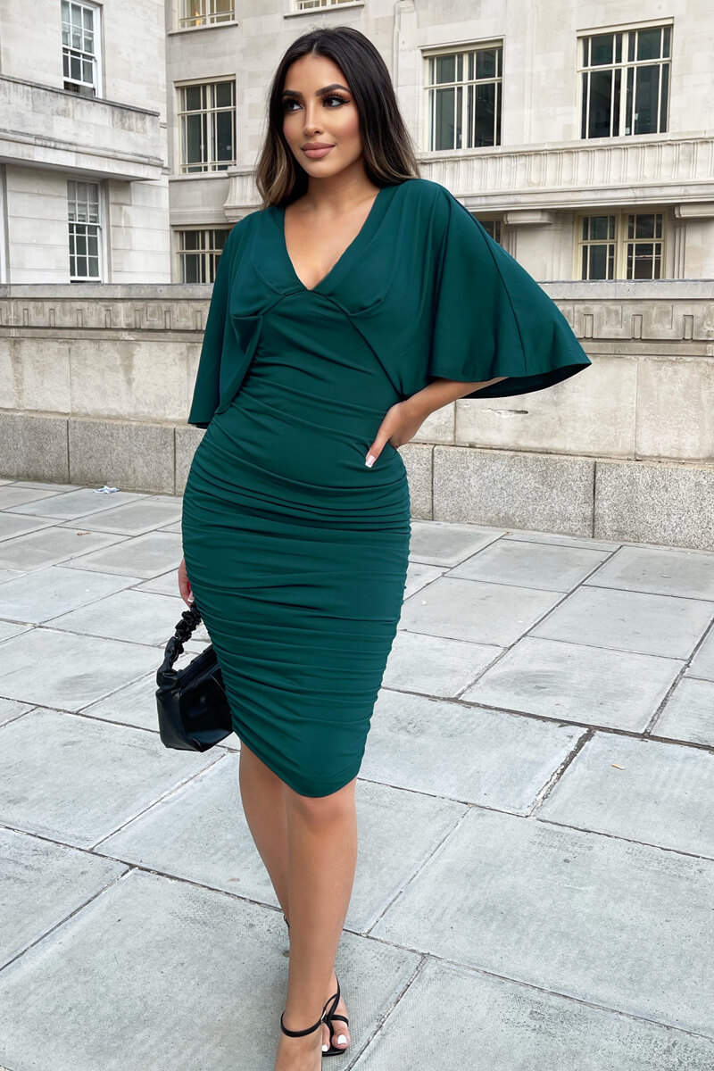 Teal Ruched Batwing Short Sleeve Midi Dress