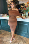 Camel Off The Shoulder Ruched Stretch Midi Dress