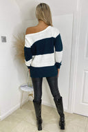 Forest and Cream Colour Block Wide Neck Knitted Jumper