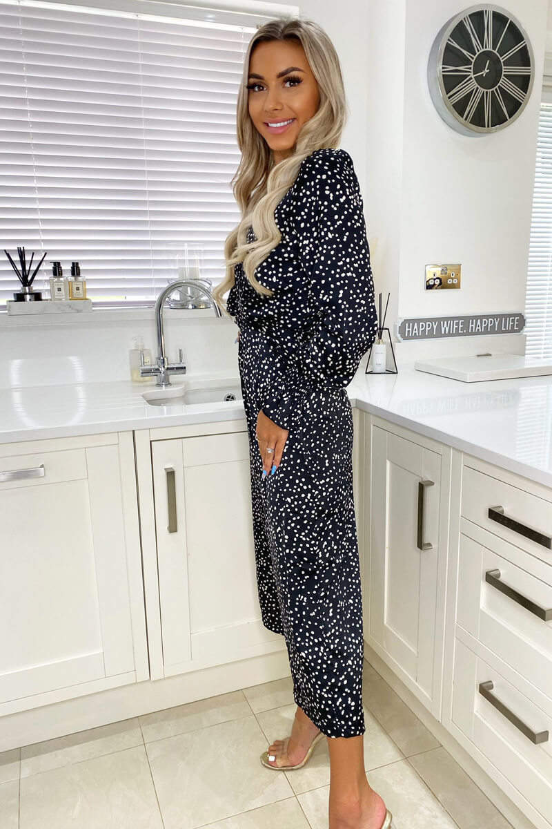 Black Dotty Long Sleeve Wrap Over Belted Jumpsuit