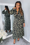 Khaki Animal Print Button Up Midi Dress