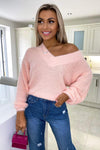 Pink V-Neck Fluffy Knitted Jumper