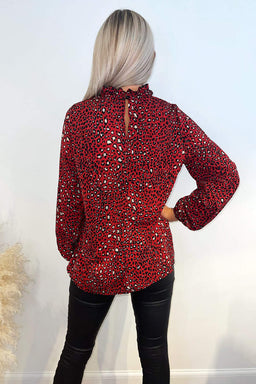 Red Printed Ruffle High Neck Top