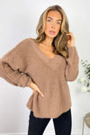 Camel V-Neck Fluffy Knitted Jumper