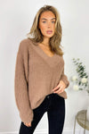 Camel V-Neck Fluffy Knitted Jumper