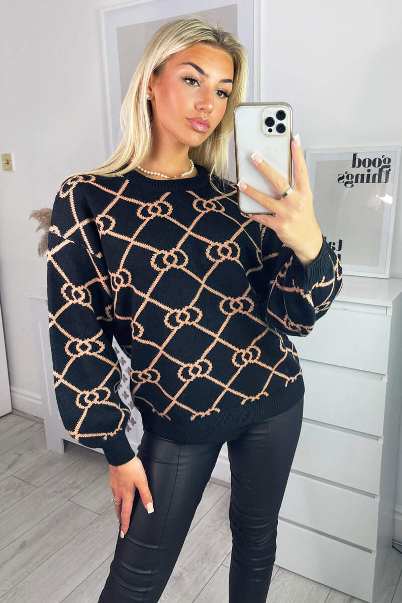 Black Geo Print Balloon Sleeve Jumper