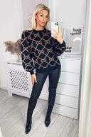 Black Geo Print Balloon Sleeve Jumper