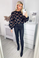 Black Geo Print Balloon Sleeve Jumper