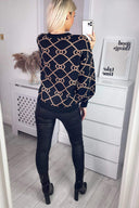 Black Geo Print Balloon Sleeve Jumper