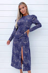 Navy Printed Split Leg Midi Dress