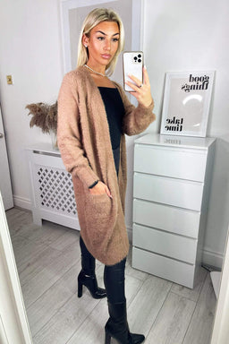 Camel Fluffy Long Cardigan