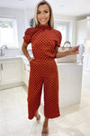 Rust Polka Dot High Neck Culotte Jumpsuit