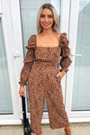 Tan Dot Printed Elasticated Sleeve Jumpsuit