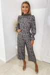 Grey Spot Printed High Neck Long Sleeve Jumpsuit