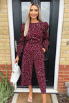 Plum Animal Print Elasticated Sleeve Jumpsuit