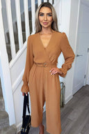 Mocha Wrap Over Elasticated Cuff Belted Jumpsuit