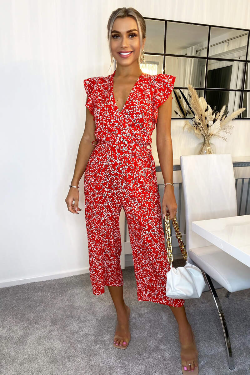 Red Floral Print Wrap Front Belted Jumpsuit