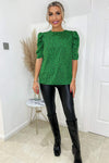 Green Printed Gathered Puff Sleeve Top