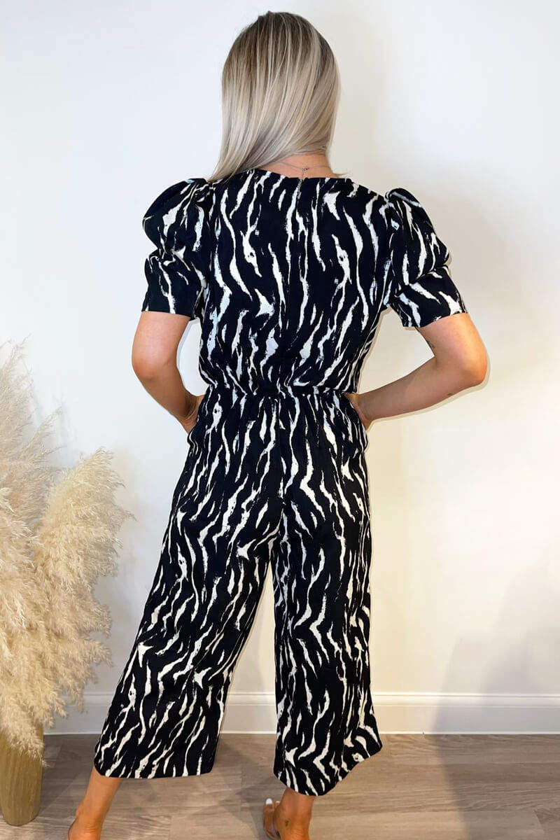 Black And White Printed Short Sleeve Jumpsuit