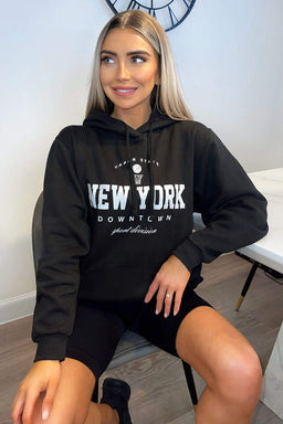 Black New York Slogan Hoodie