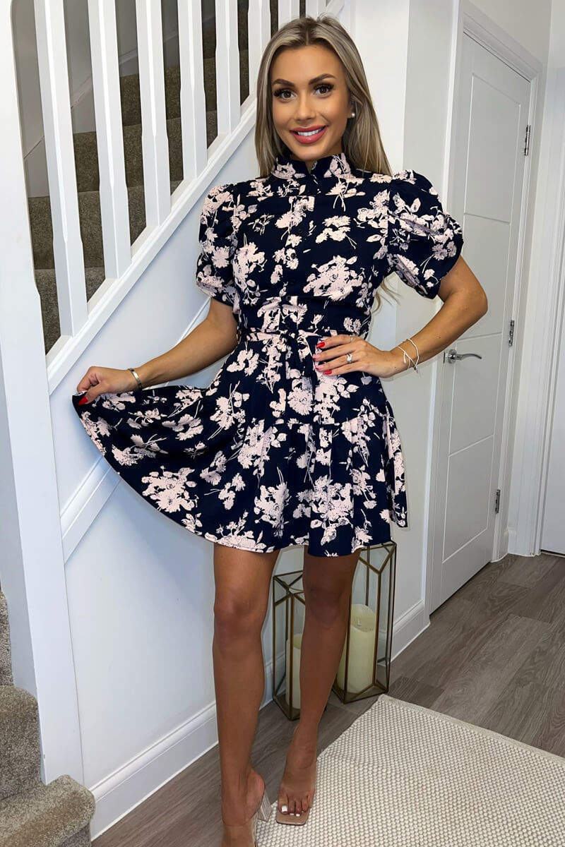 Navy and Pink Floral High Neck Button Front Mini Dress