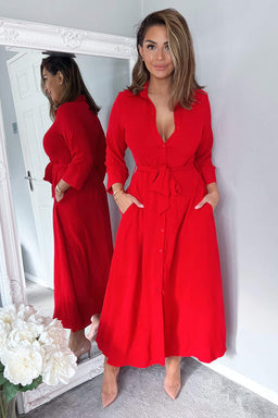 Red Button Up Midi Shirt Dress