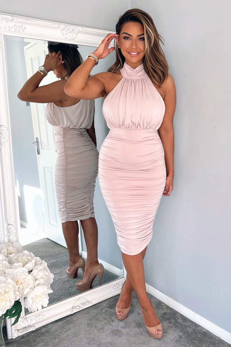 Nude Ruched High Neck Midi Dress – AX Paris US