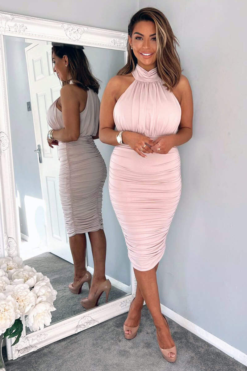 Nude Ruched High Neck Midi Dress