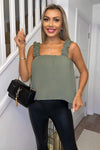 Khaki Elasticated Frill Strap Top