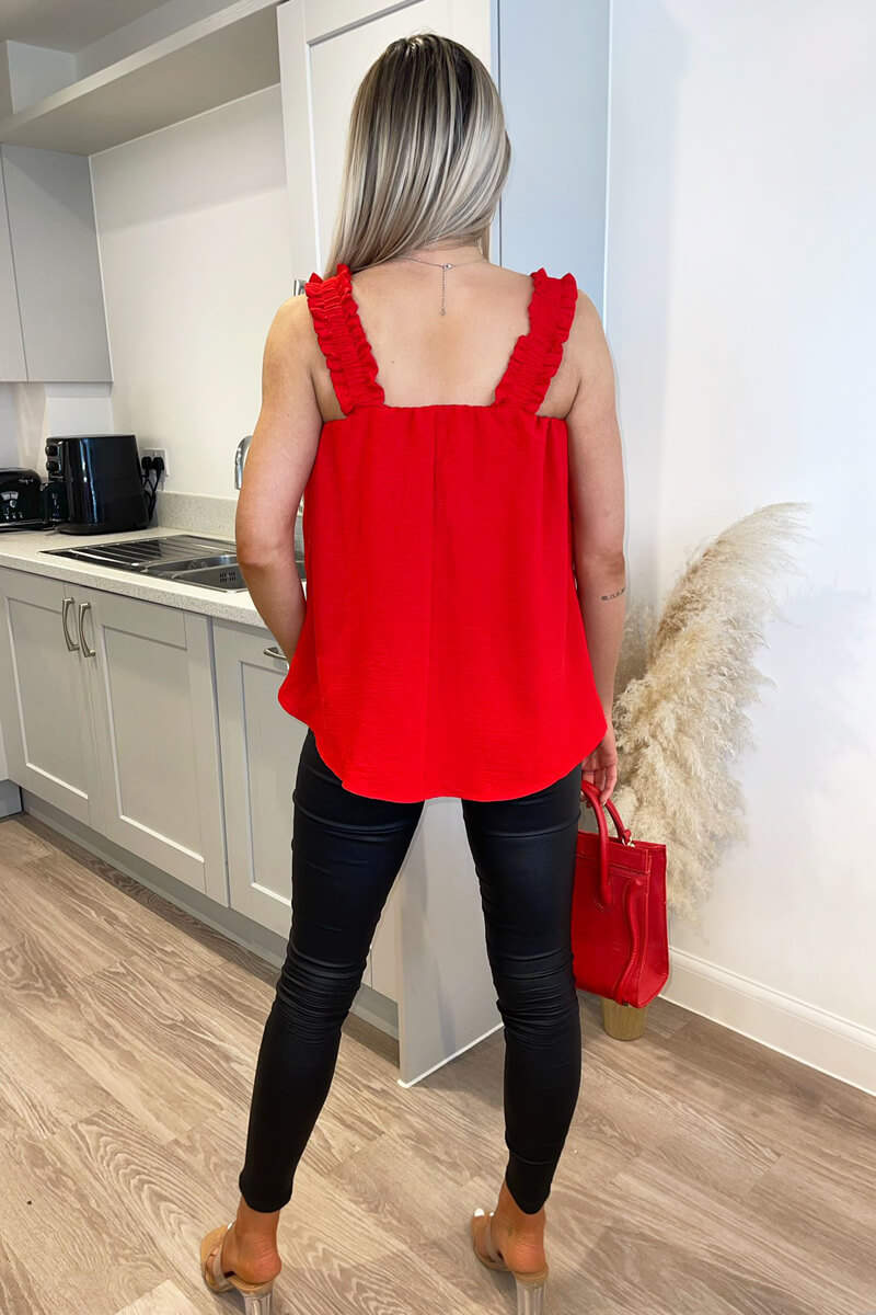 Red Elasticated Frill Strap Top