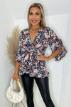 Navy Floral Printed Frill Hem Wrap Top