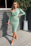 Duck Egg Ruched Long Sleeve Cross Front Midi Dress
