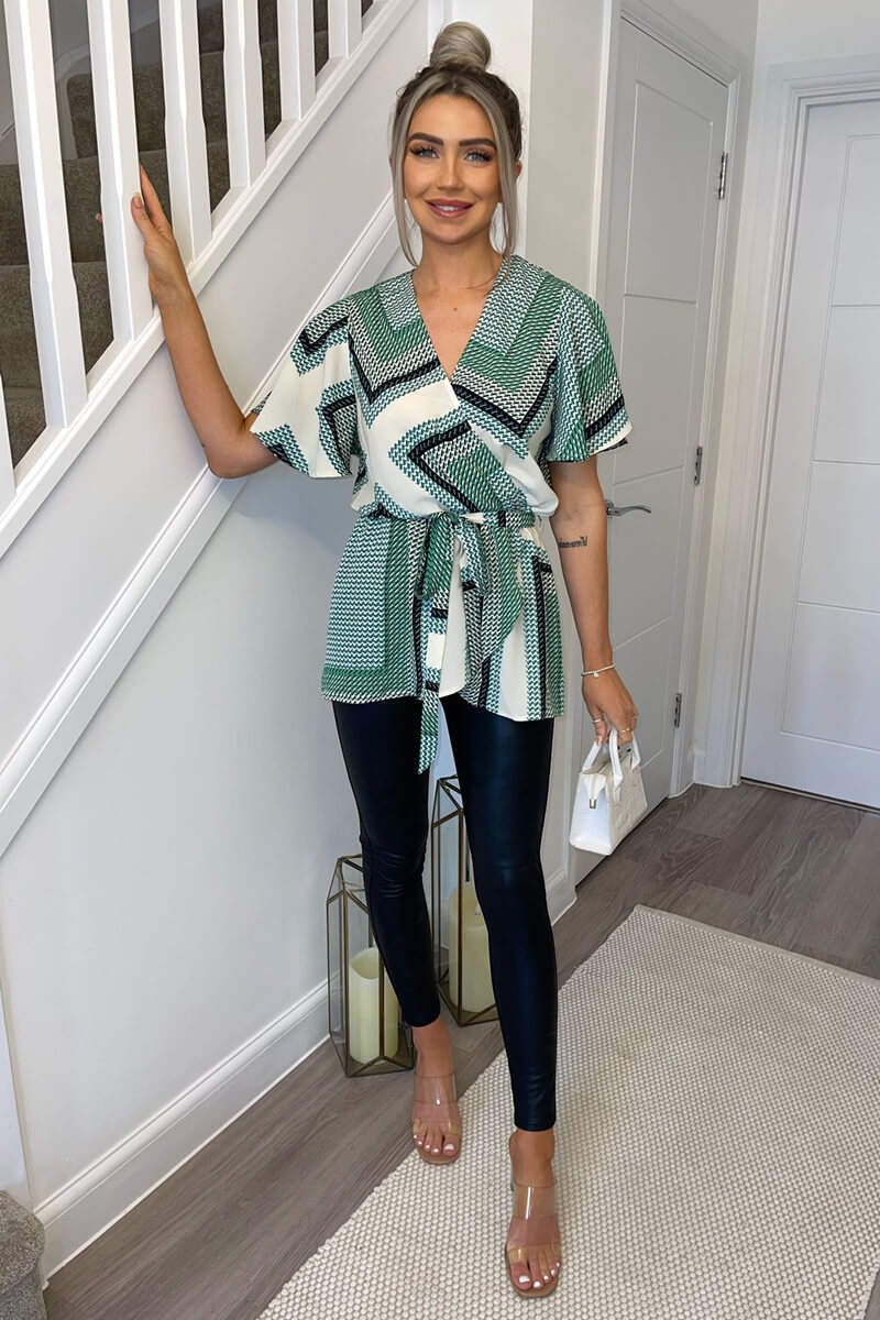 Green Printed Wrap Short Sleeve Belted Top