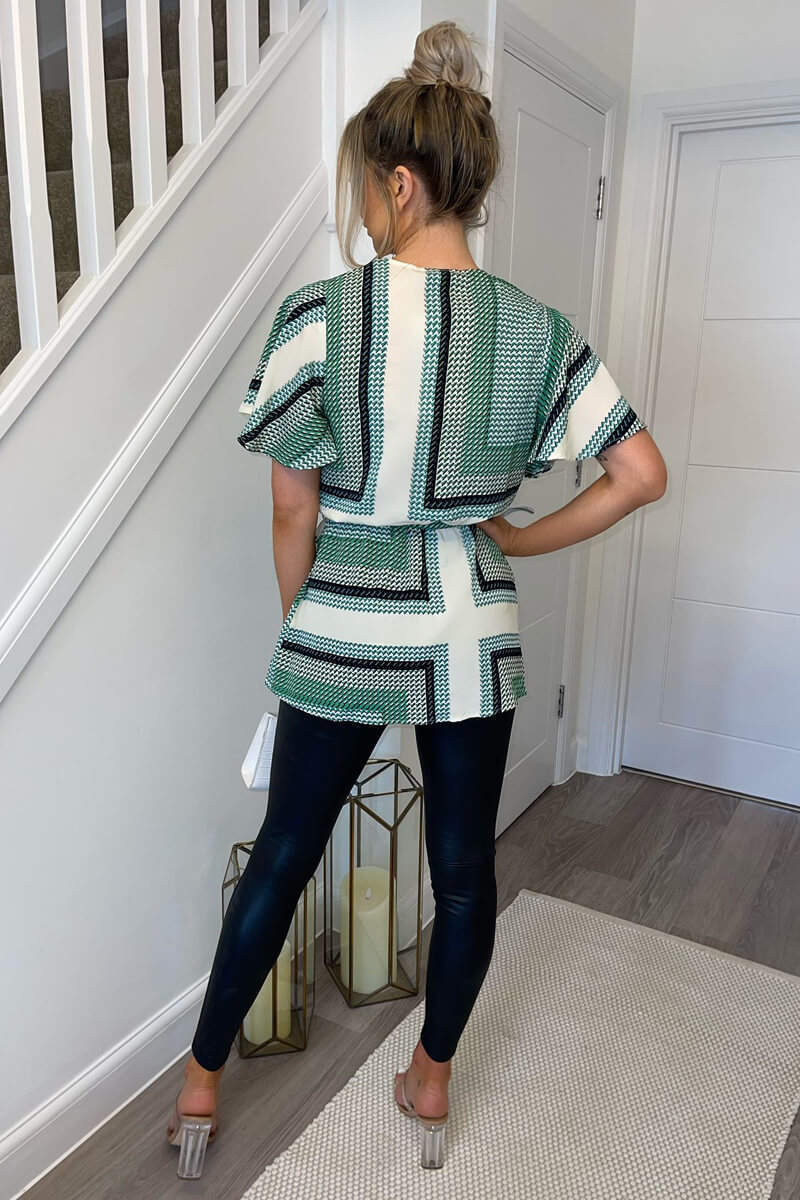 Green Printed Wrap Short Sleeve Belted Top