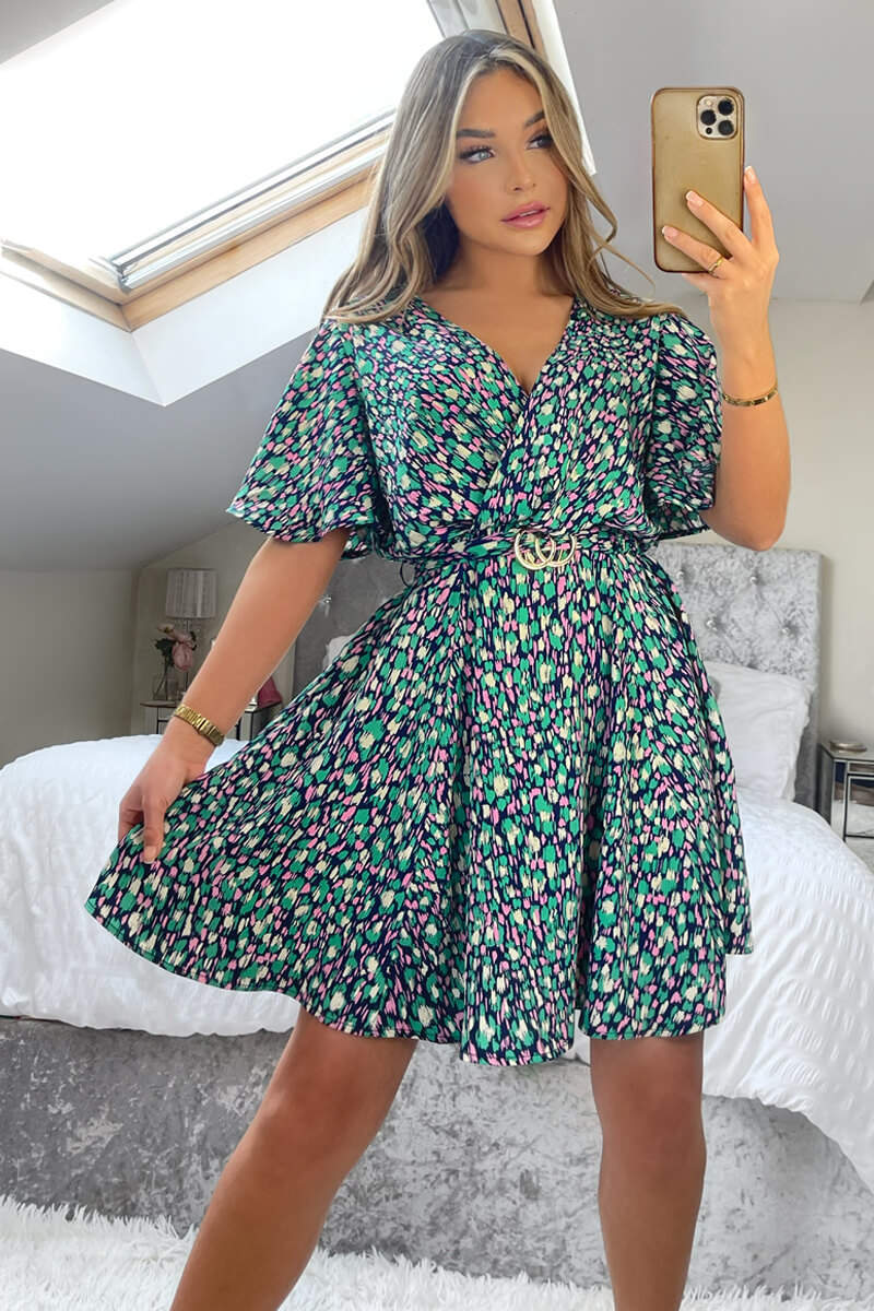 Navy And Green Printed Wrap Over Belted Skater Dress AX Paris US Navy And Green Printed Wrap Over Belted Skater Dress AX Paris US