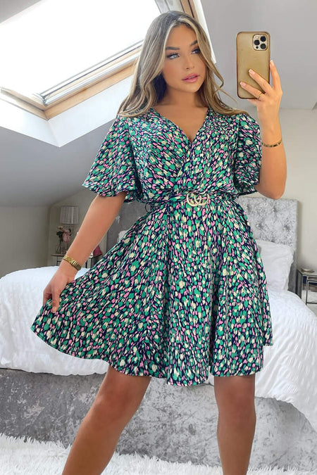 Navy And Green Printed Wrap Over Belted Skater Dress