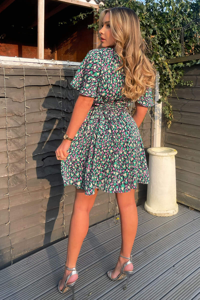 Navy And Green Printed Wrap Over Belted Skater Dress
