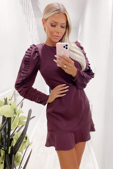 Plum Pleated Long Sleeve Skater Dress
