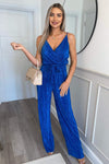 Cobalt Wrap Top Tie Waist Full Length Plisse Jumpsuit