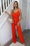 Orange Wrap Top Tie Waist Full Length Plisse Jumpsuit