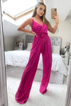 Cerise Wrap Top Tie Waist Full Length Plisse Jumpsuit