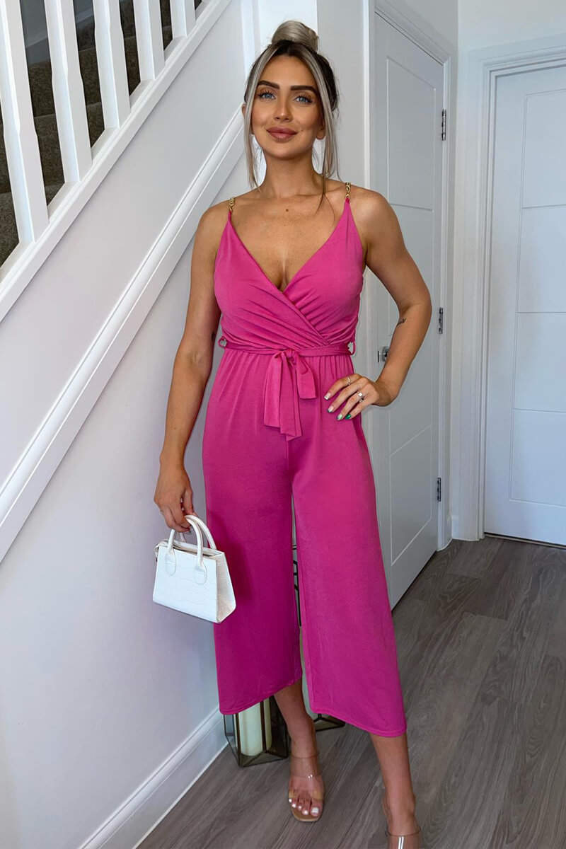 Cerise Cropped Jumpsuit With Chain Straps