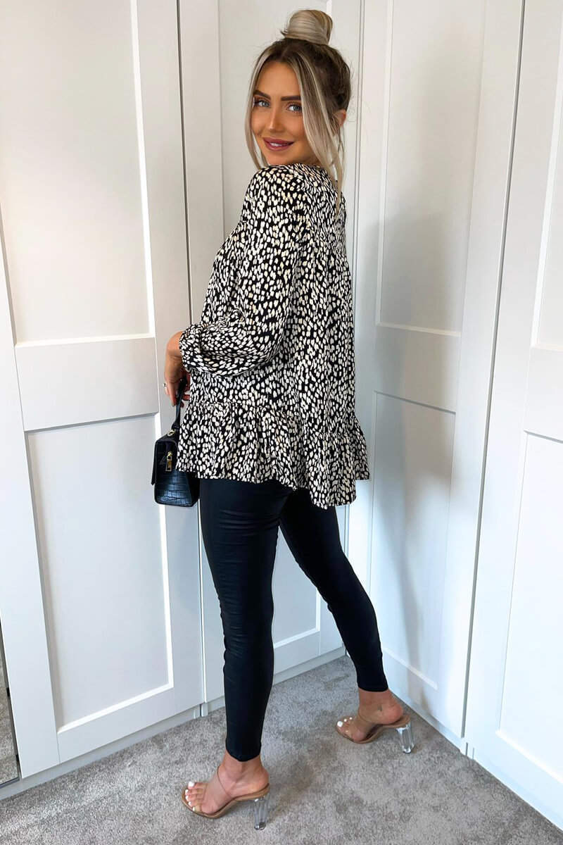 Black And White Printed Long Sleeve Smock Top